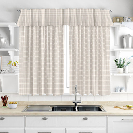 Шторы для кухни с ламбрекеном, 3шт: 110х160см - 2шт "Сардиния" клетка, ламбрекен 326х34см, на шторной ленте, рогожка, хлопок "Премиум" 186г/м2, упаковка классическая 28х41см, "Домашняя мода" (Россия)