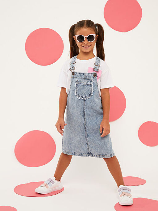 Kare Yaka Basic Ask?l? K?z ?ocuk Jean Salopet Elbise