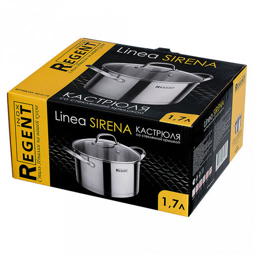 Кастрюля из нержавеющей стали "Sirena" 1,7л, д16см, h8,5см, s3,6мм, дно s0,6мм, индукционное дно д15,5см, стеклянная крышка, ручка из нержавеющей стали, многослойное капсулированное дно, мерная шкала, цветная коробка, "Regent (Китай)