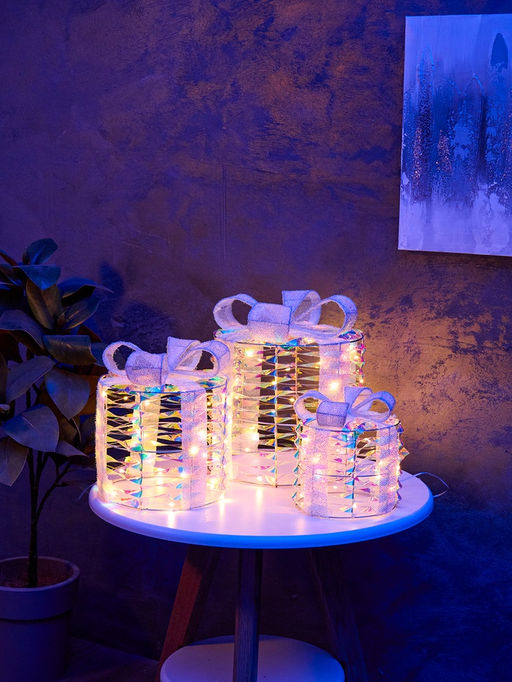 Фигура световая «Подарки цилиндр серые», 25×20×15 см, 90 LED, батарейки ААх8 (не в компл.), свечение тёплое белое