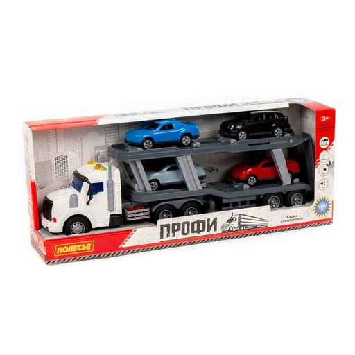 Автомобиль-тягач с полуприцепом-автовозом "Профи" + машины 4шт. (70498) свет, звук, в коробке 54*11,5*21,5см, Полесье