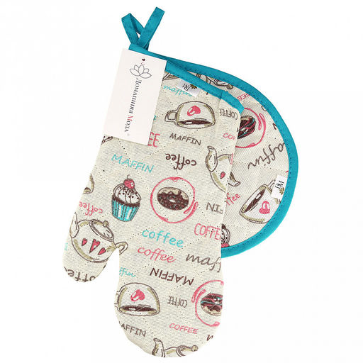 Кухонный комплект "Вкусняшки": прихватка-варежка 15х30см + прихватка 20х25см форма "Капелька", рогожка 171г/м2, хлопок 100%, наполнитель - ватин 280г/м2, на пластмассовом подвесе, "Домашняя мода" (Россия)