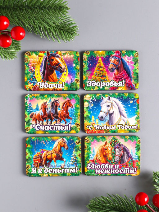 Набор магнитов на холодильник 6 шт. «Конь новогодний: Удачи», 6×4.5 см