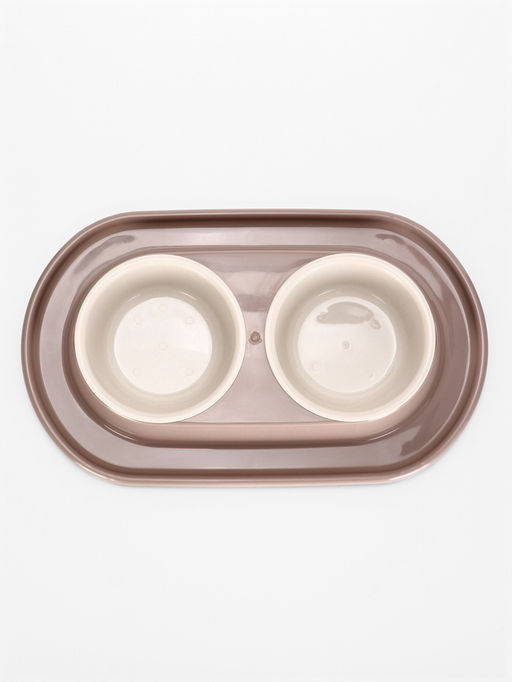 Миска двойная для животных «Мур-мяу», 300 мл, на подставке, пластик, бежевая