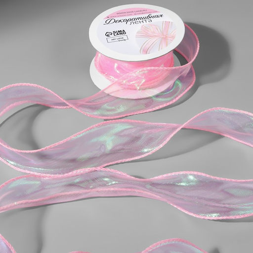Лента капроновая Волна, с радужным переливом, 38 мм, 9,1 0,5 м, цвет розовый - Арт узор фото 2