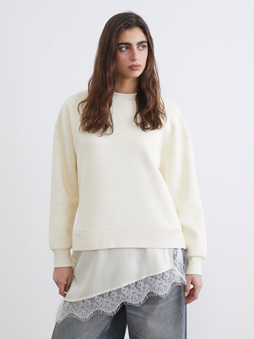 Dantel Detayl? Oversize Kad?n Kal?n Sweatshirt