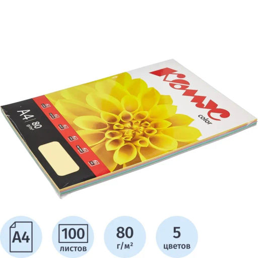 Бумага цветная Комус Color (микс пастель 5цв:ж,р,о,з,л),80г,А4,100 л  фото 2