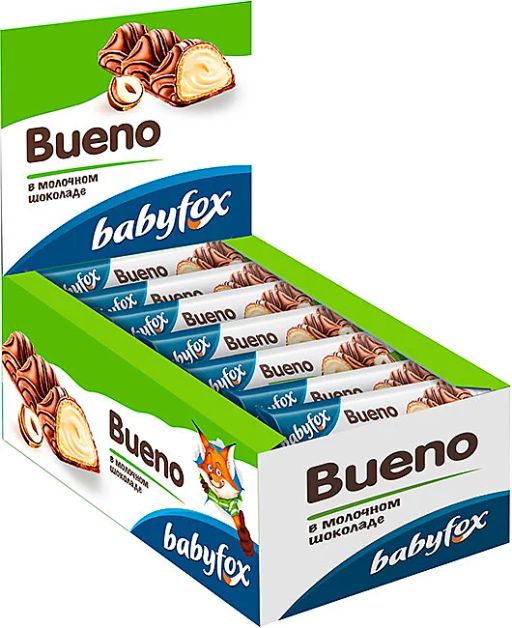 «BabyFox», батончик вафельный Bueno в молочном шоколаде, 23 г (упаковка 24 шт.)