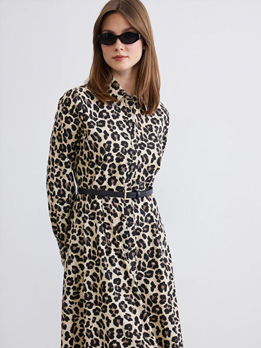 Leopar Desenli Kemerli Poplin G?mlek Elbise