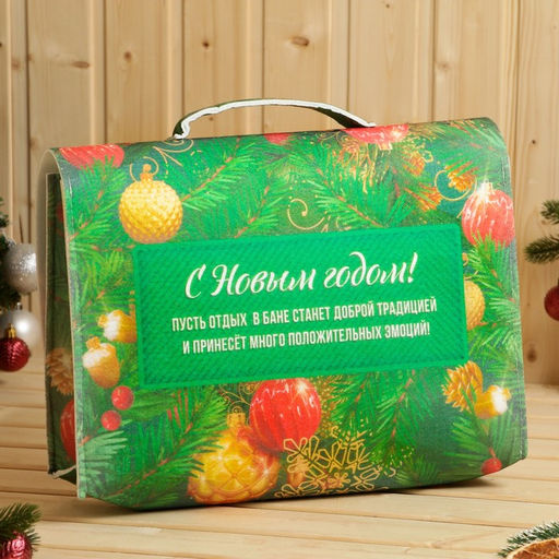 Набор для бани с принтом «С новым годом!», 5 предметов: шапка, рукавица, тапочки, коврик, портфель, зелёный, «Банная забава»