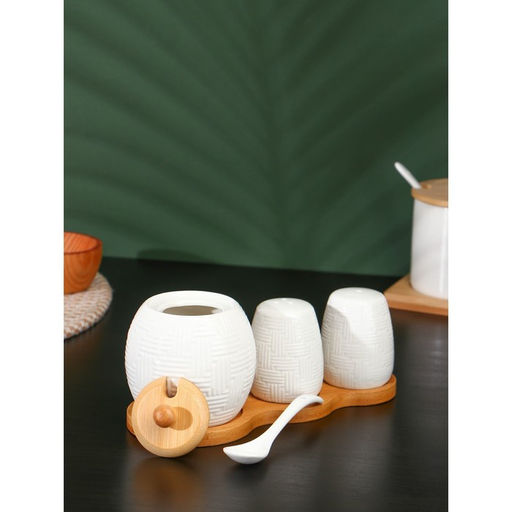 Набор фарфоровый для специй на бамбуковой подставке BellaTenero, 3 предмета: солонка 70 мл, перечница 70 мл, сахарница с ложкой 260 мл, белый