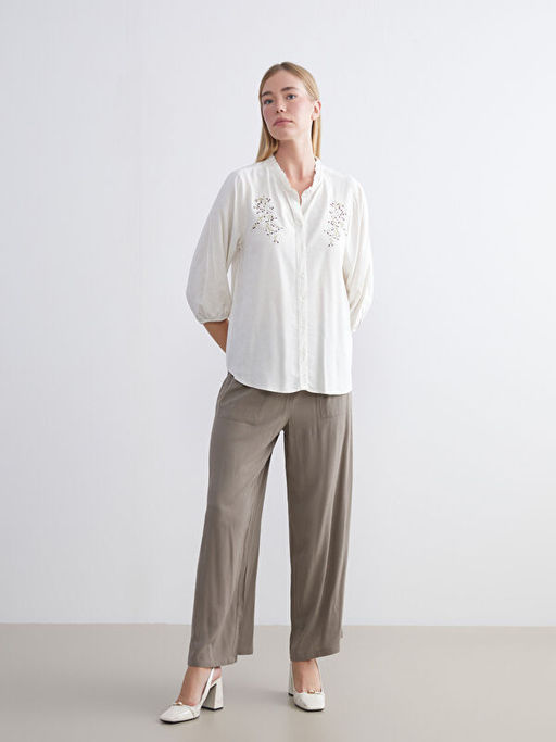 F?rf?rl? Ka??k Yaka Nak??l? Keten Kar???ml? Bluz