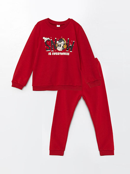 Bisiklet Yaka Bask?l? K?z ?ocuk Sweatshirt ve E?ofman Alt 2li