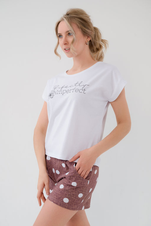 Пижама женская из футболки и шорт из кулирки Алиса горох бордо