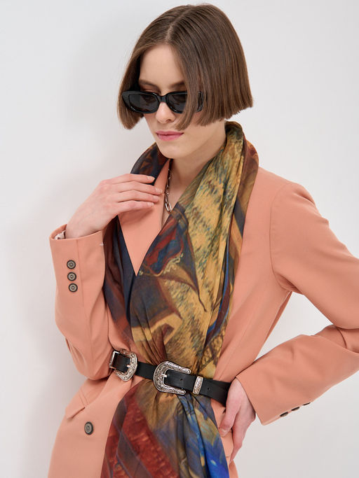 ШЕЛК ХЛОПОК ВИСКОЗА Большой, красивый двусторонний платок с рисунком в стиле арт-декои необычной текстурой ткани - Tantino фото 6