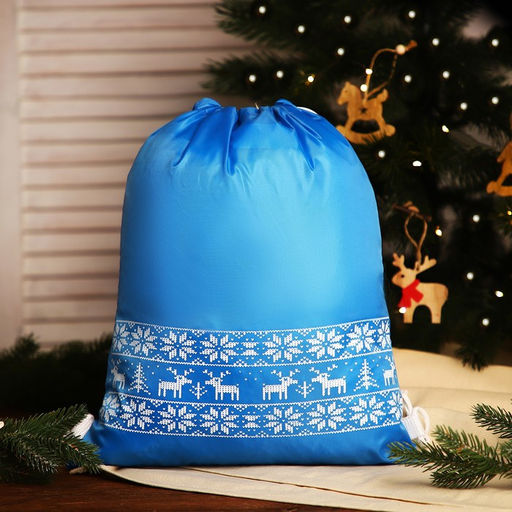 Мешок для подарков с новогодним узором, на шнурке, размер 35×1×42 см, синий