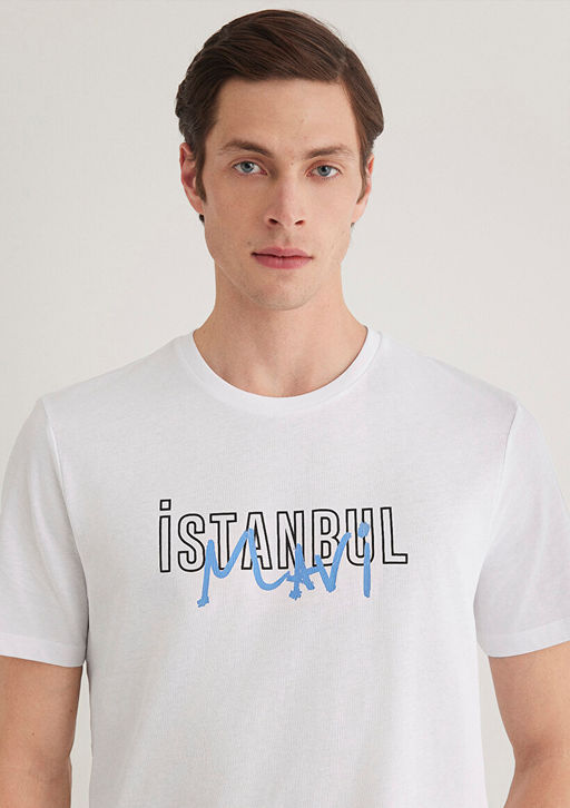 ?stanbul Bask?l? Beyaz Ti??rt - Mavi фото 2