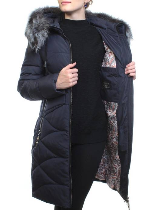 AZ1819HM DK. BLUE Пальто женское зимнее (холоффайбер, натуральный мех чернобурки) - Фабричный китай фото 11