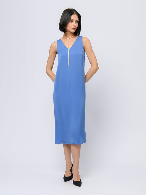 Платье синего цвета длини миди с V-образным вырезом и без рукавов - 1001dress фото 2
