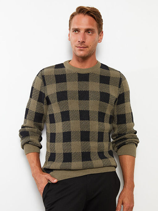 Bisiklet Yaka Uzun Kollu Ekose Erkek Triko Kazak