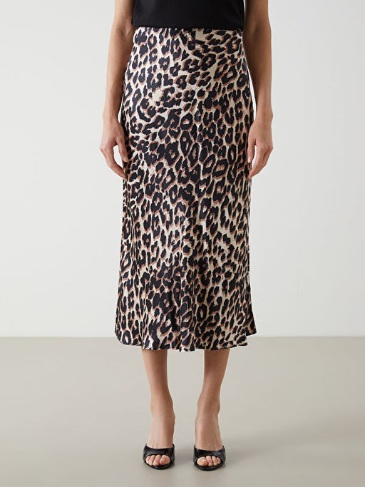 Dar Fit Leopar Desenli Saten Kad?n Etek