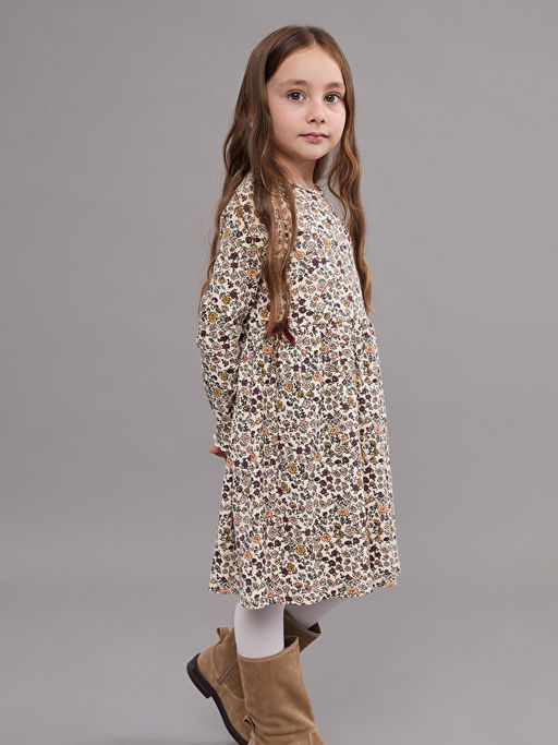 Bisiklet Yaka ?i?ekli K?z ?ocuk Elbise