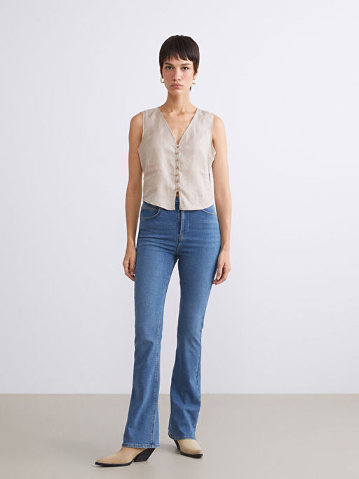 V Yaka Ask?l? %100 Keten Bluz