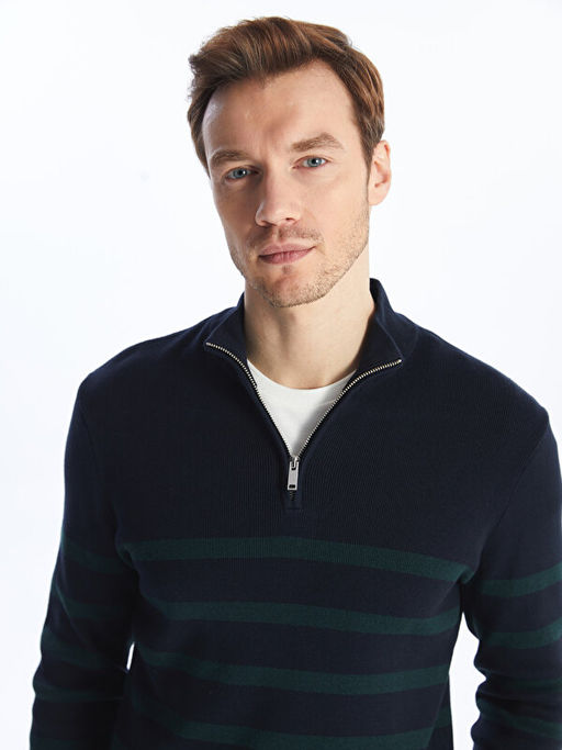 Dik Yaka Uzun Kollu ?izgili Erkek Triko Kazak