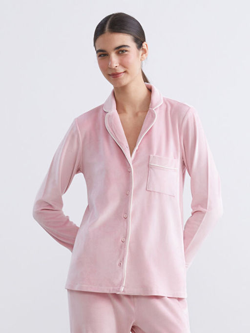 G?mlek Yaka Kadife Kad?n Pijama Tak?m?