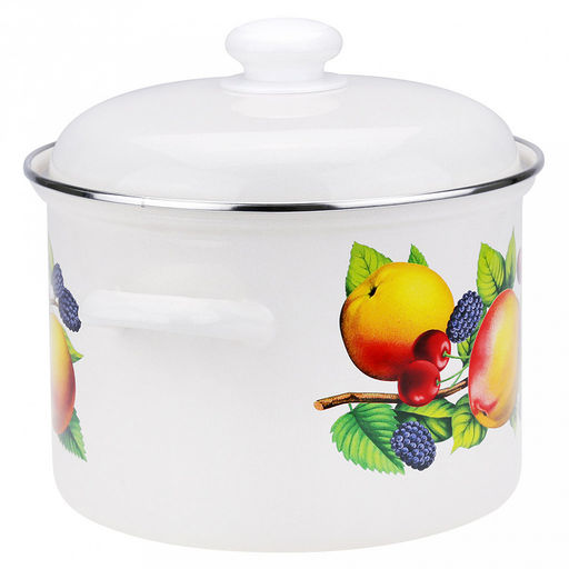 "Яблоки" Кастрюля эмалированная 4,5л, форма цилиндрическая, металлическая крышка с пластмассовой ручкой-кнопкой, нержавеющий ободок (Россия)