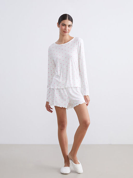 Bisiklet Yaka Bask?l? Kad?n ?ortlu Pijama Tak?m?