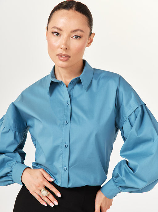 Рубашка блузка с пышным рукавом 100% хлопок голубой - Tantino фото 6