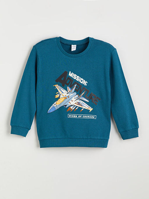 Bisiklet Yaka Bask?l? Erkek ?ocuk Sweatshirt