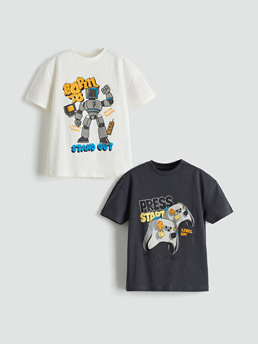 Bisiklet Yaka Bask?l? Erkek ?ocuk Ti??rt 2li