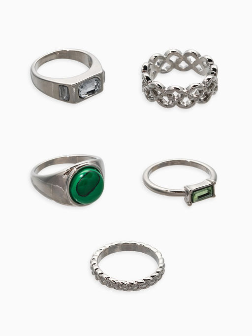 Набор колец 5 шт "Новый стиль" малахит, размер МИКС, цвет изумрудный в серебре