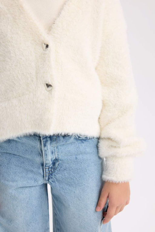 Белый плюшевый кардиган на пуговицах для девочек с V-образным вырезом - Defacto фото 5