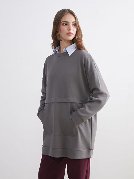 B?y?k Beden Bisiklet Yaka Kad?n Sweatshirt Tunik