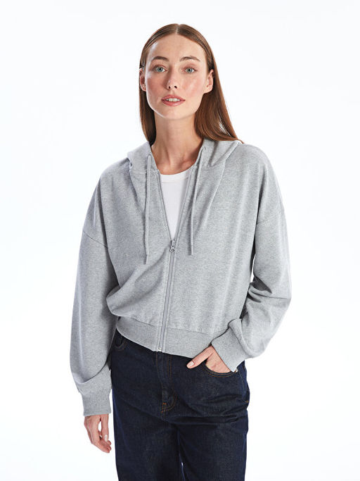 Kap??onlu D?z Oversize Kad?n Fermuarl? Sweatshirt
