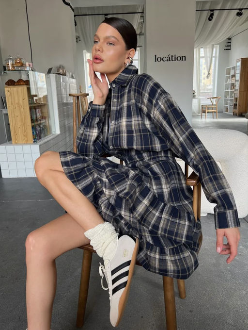 K12596 Костюм: рубашка и юбка OVER SIZE, хлопок ТМ_СИНИЙ