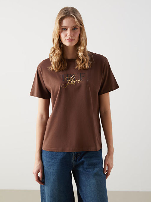 Bisiklet Yaka Bask?l? Kad?n Ti??rt