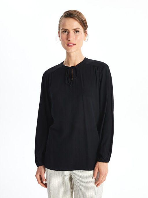 Ba?lamal? Yaka D?z Uzun Kollu Kad?n Bluz