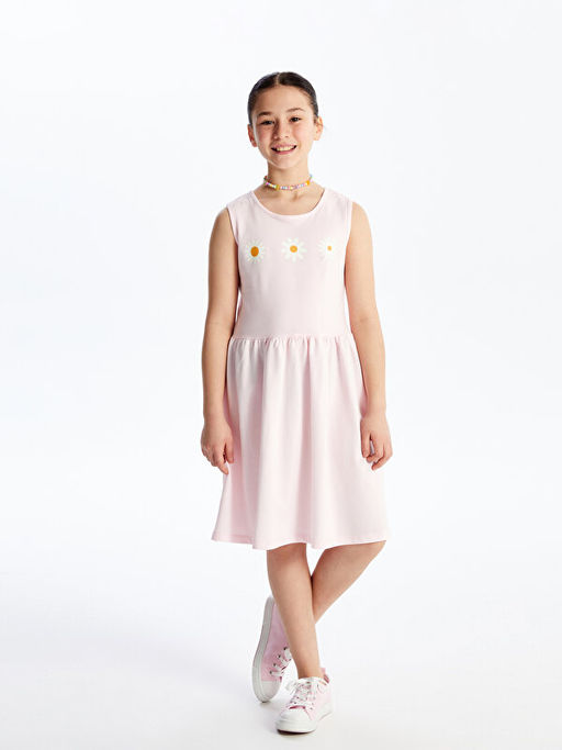 Bisiklet Yaka ?i?ekli K?z ?ocuk Elbise