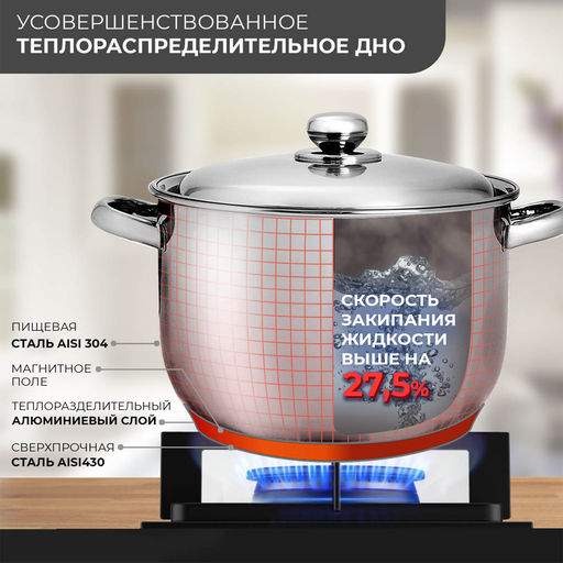 Кастрюля ПРИМА БЛЕСК 7,0л мет.крышка с ТРС-3 обьем. ручки арт.3с82 Аша