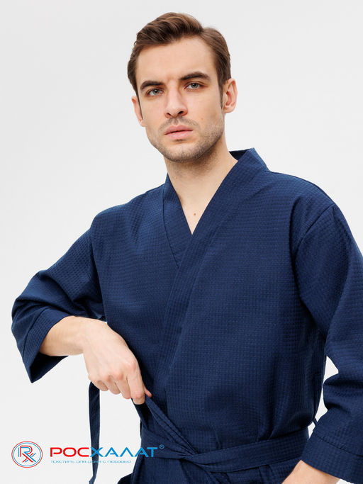 Мужской укороченный вафельный халат с планкой темно-синий В-05 (28) - Росхалат фото 4