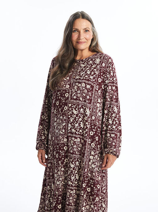 Bisiklet Yaka Desenli Uzun Kollu Elbise