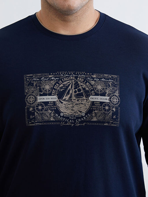 B?y?k Beden Bisiklet Yaka Uzun Kollu Bask?l? Erkek Ti??rt