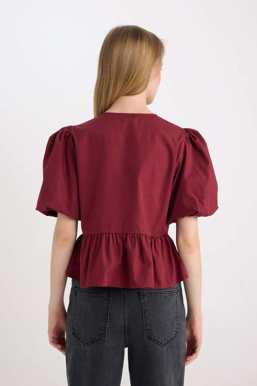 Женская поплиновая блузка с короткими рукавами и круглым вырезом стандартного кроя с завязками спереди - Defacto фото 6