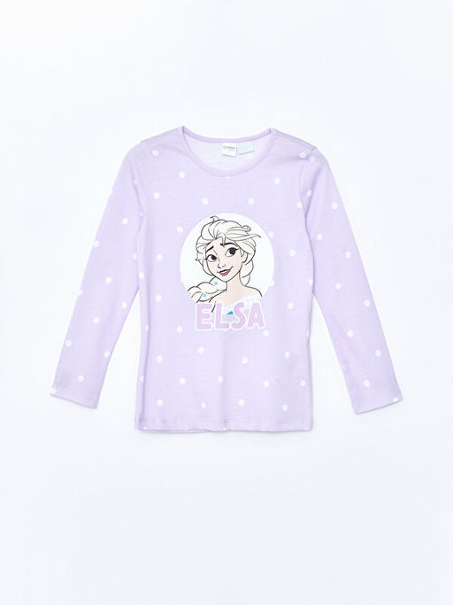 Bisiklet Yaka Elsa Bask?l? Uzun Kollu K?z ?ocuk Pijama Tak?m?