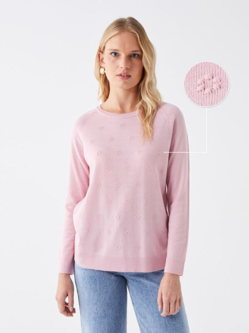 Bisiklet Yaka Kendinden Desenli Uzun Kollu Kad?n Triko Kazak