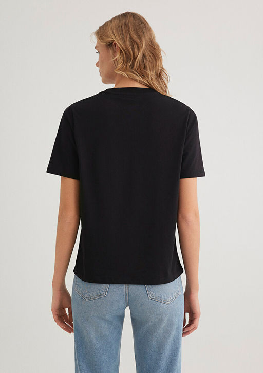 Bisiklet Yaka Siyah Basic Tisort - Mavi фото 5